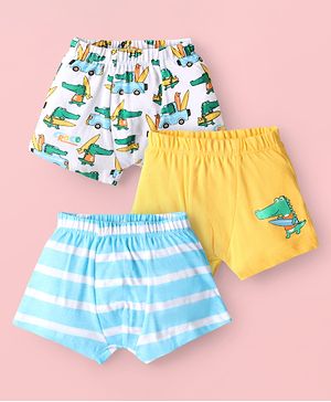 Babyhug 100% Cotton Knit Antibacterial Trunks with Stripes & Animal Print Pack of 3 - Yellow Light Blue & White