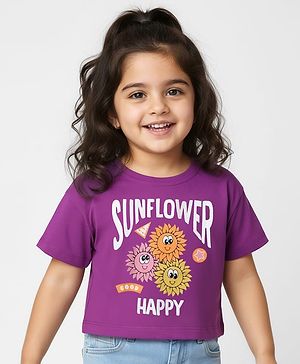 Babyhug Cotton Knit Half Sleeves Crop T-Shirt with Floral Print - Purple