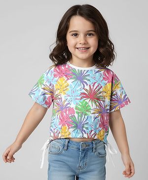 Babyhug Cotton Knit Half Drop Shoulder Sleeves Crop Top with Tropical Theme Print - White