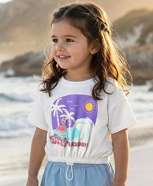 Babyhug Cotton Knit Half Drop Shoulder Sleeves Crop T-Shirt With Beach Print - White
