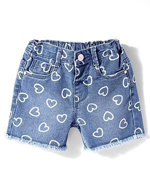 Babyhug Mid Thigh Denim Shorts With Stretch & Heart Print - Blue