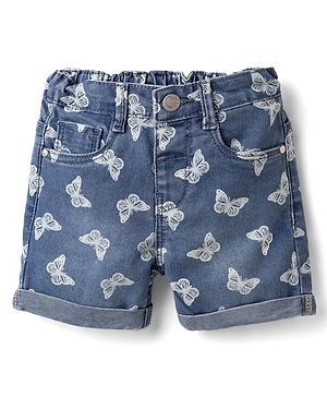 Babyhug Twill Denim Mid Thigh Shorts With Stretch Butterfly Print - Navy Blue