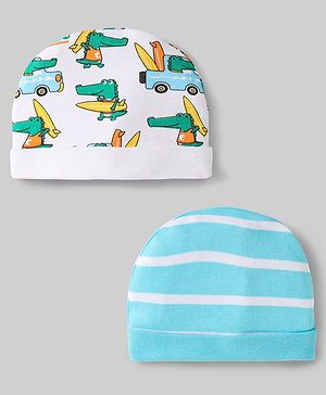 Babyhug 100% Cotton Interlock Knit Caps With Vehicle & Stripes Print Pack Of 2 Light Blue & White - Diameter 15.5 cm