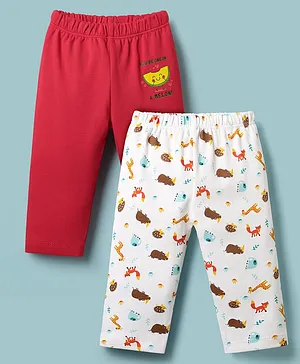 Ben Benny 100% Cotton Knit Full Length Leggings with Animal Print Pack of 2 - White & Red