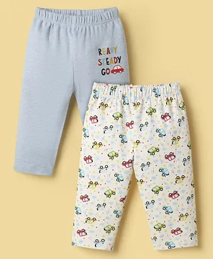 Ben Benny 100% Cotton Knit Full Length Leggings With Vehicles & Text Theme Print Pack Of 2 - White & Light Blue