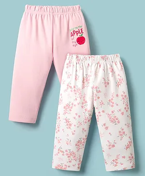Ben Benny 100% Cotton Knit Full Length Leggings with Floral Print Pack of 2 - White & Pink