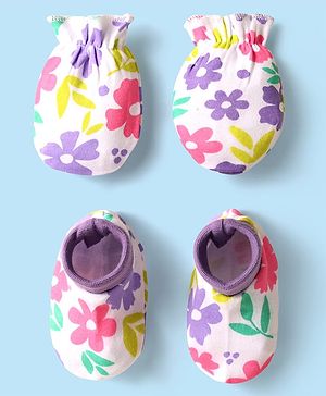 Babyhug 100% Cotton Knit Mittens And Booties with Floral Print - White