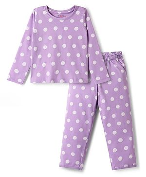 Kookie Kids Single Jersey Knit Full Sleeves Co-ords Night Suit with Polka Dot Print - Lavender