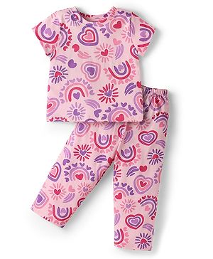 Kookie Kids Single Jersey Knit Half Sleeves Night Suit With Heart Print - Pink