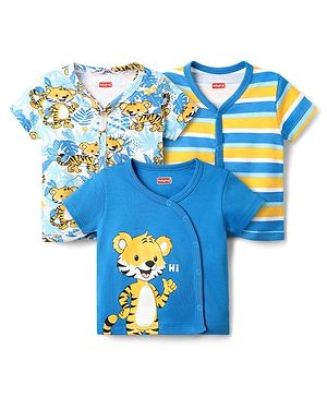 Babyhug 100% Cotton Knit Half Sleeves Striped & Animal Printed Front Open jhablas Pack of 3 - Blue White & Yellow