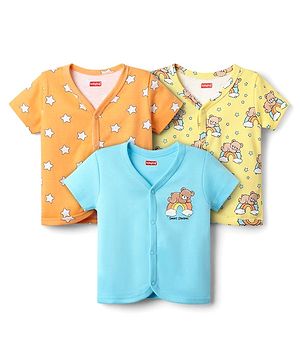 Babyhug 100% Cotton Knit Half Sleeves Animal & Star Printed Front Open jhablas Pack of 3 - Light Blue Orange & Yellow