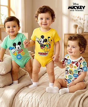 Babyhug Disney Interlock Knit Half Sleeves Oneises With Mickey Mouse And Family Graphic Pack Of 3 - Light Green White & Yellow