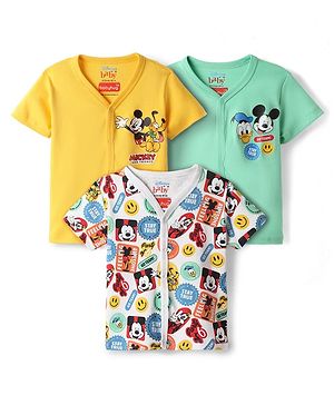 Babyhug Disney Interlock Knit Front Open Half Sleeves Jhablas With Mickey Mouse & Family Graphics Pack Of 3 - Yellow Light Green & White