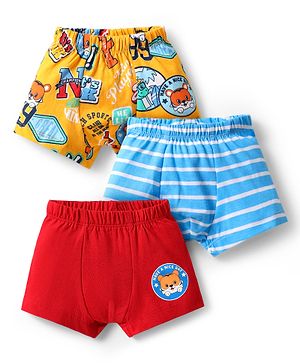 Babyhug 100% Cotton Single Jersey Knit Trunk With Stripes & Animal Print Pack Of 3 - Red Light Blue & Yellow