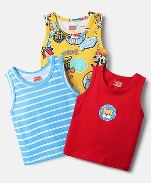 Babyhug 100% Cotton Single Jersey Knit Sleeveless Vests With Stripes & Animal Print Pack Of 3 - Red Light Blue & Yellow