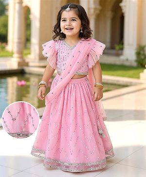Babyhug Woven Frill Sleeves Choli Lehenga Set With Sequin Detailing & Dupatta - Pink