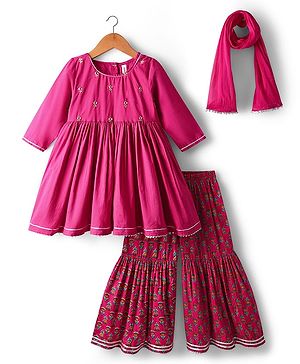 Babyhug Cotton Woven Three Fourth Sleeves Kurti Gharara Set with Dupatta Floral Print & Embroidery - Fuchsia
