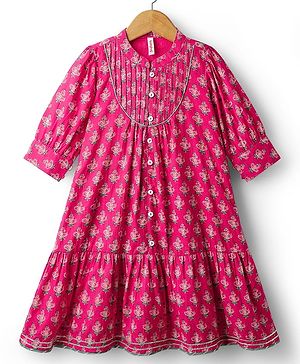 Babyhug Cotton Woven Three Fourth Sleeves Floral Cambric Printed Ethnic Dress - Fuchsia