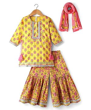 Babyhug Cotton Woven Three Fourth Sleeves Kurti Gharara Set with Dupatta Floral Print & Lace Detailing - Yellow