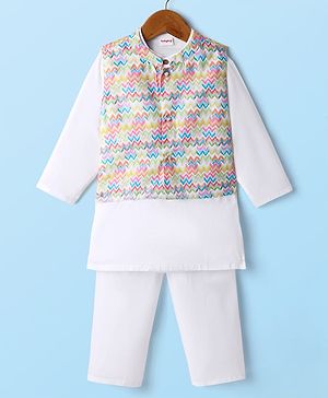 Babyhug Woven Full Sleeves Kurta Pyjama Set With Printed Jacket - White