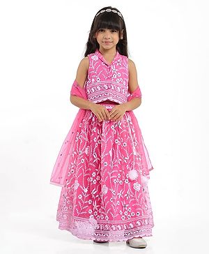 Babyhug Woven Sleeveless Choli And Lehenga Set With Dupatta And Floral Embroidery Sequins Work - Pink