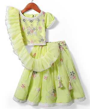 Babyhug Woven Half Sleeves Choli Lehenga Set & Dupatta With Sequin Floral Embroidery & Lace Detailing - Lime Green