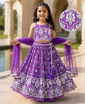 Babyhug Woven Sleeveless Floral Embroidered Choli Lehenga Set with Dupatta & Sequin Detailing - Purple