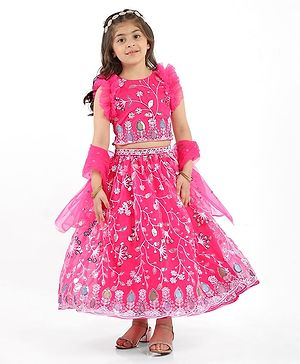 Babyhug Woven Frill Sleeves Floral Embroidered Choli Lehenga Set with Dupatta & Sequin Detailing - Dark Pink
