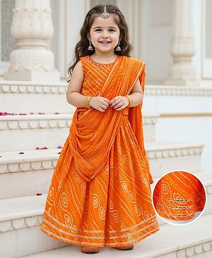 Babyhug Cotton Woven Sleeveless Choli Lehenga and Dupatta Set with Bandhani Print - Orange