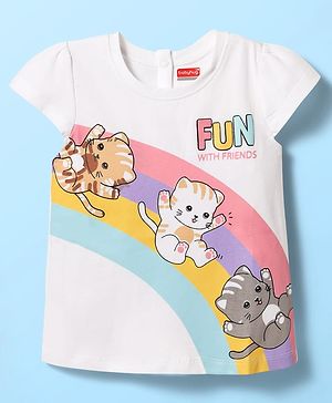 Babyhug Cotton Knit Half Cap Sleeves T-Shirt with Kitty Print - White