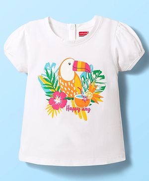 Babyhug Cotton Knit Half Puffed Sleeves T-Shirt with Bird Print - White