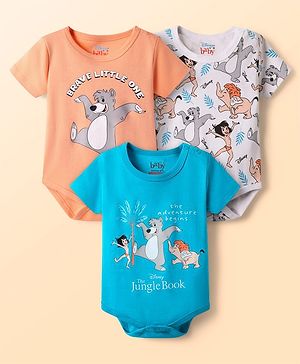 Babyhug Disney Interlock Knit Half Sleeves Onesies with Mowgli & Friends Graphics Pack of 3 - White Orange & Blue