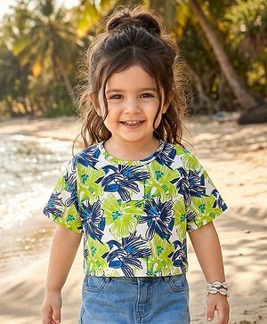 Babyhug Cotton Knit Half Sleeves Drop Shoulder T-Shirt With Floral Print - Navy Blue & Limegreen