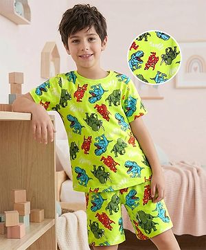 Pine Kid Single Jersey Knit Half Sleeves Co-ords Shorts Night Suit With Dino Print - Light Green