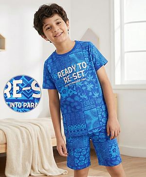 Pine Kids Single Jersey Knit Half Sleeves Co-ords Shorts Night Suit With Tropical Theme Print - Blue