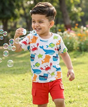 Babyhug Single Jersey Knit Half Sleeves T-Shirt & Shorts Set With Sea Animals Print - White & Red