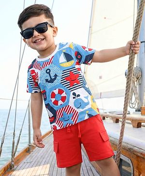 Babyhug Single Jersey Knit Half Sleeves T-Shirt & Shorts Set with Nautical Theme Print - Red