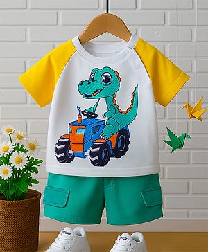 Babyhug Single Jersey Knit Half Raglan Sleeves T-Shirt & Shorts Set With Dino Print - White & Green