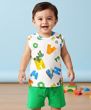 Babyhug Single Jersey Knit Sleeveless Tank T-Shirt & Shorts With Alphabet Print - Green & White