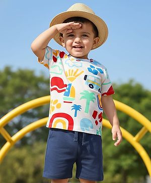 Babyhug Single Jersey Knit Half Sleeves T-Shirt & Shorts Set with Beach Theme Print - White & Navy Blue