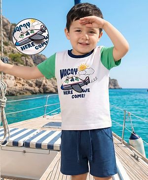 Babyhug Single Jersey Knit Half Sleeves T-Shirt & Shorts Set With Airplane Embroidery & Applique - White & Blue