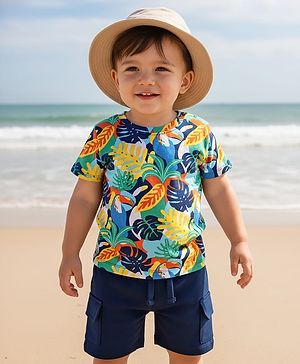 Babyhug Single Jersey Knit Half Sleeves T-Shirt & Shorts Set With Leaf Print - Blue