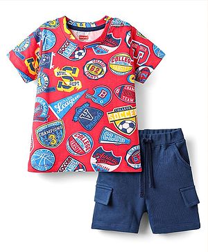 Babyhug Single Jersey Knit Half Sleeves T-Shirt & Shorts Set with Sports Theme Print - Red & Blue