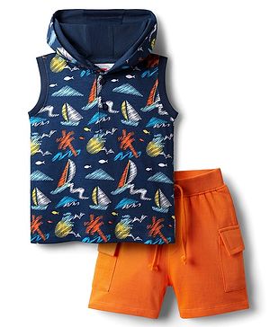 Babyhug Single Jersey Knit Sleeveless Hooded T-Shirt & Shorts Set With Boat Print - Navy Blue & Orange