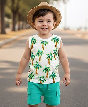 Babyhug Single Jersey Knit Sleeveless Tank T-Shirt & Shorts With Tropical Print - Aqua Blue & White