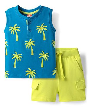 Babyhug Single Jersey Knit Sleeveless Tank T-Shirt & Shorts Set with Coconut Tree Print - Blue & Limegreen