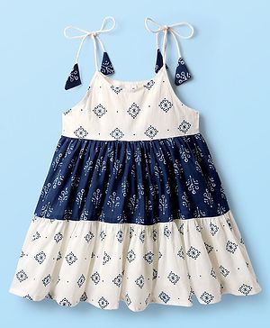 Babyhug Cotton Woven Sleeveless Ethnic Dress With Cambric Print - White & Blue