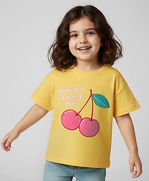 Babyhug Cotton Knit Half Sleeves T-Shirt with Cherry Print - Yellow