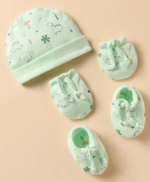 Simply Interlock Knit Cap Mitten & Booties Set with Tree Print Mint - Diameter 16 cm