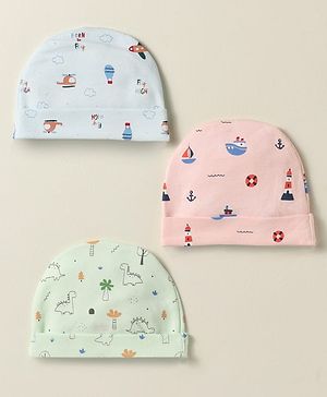 Simply Interlock Knit Baby Caps with Dino Helicopter & Nautical Print Pack of 3 Light Blue Light Green & Pink - Diameter 17.5 cm